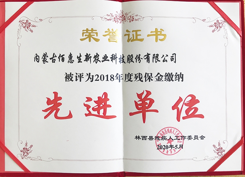 2020年5月被林西縣殘疾人工作委員會(huì )評為2018年度殘保金繳納先進(jìn)單位